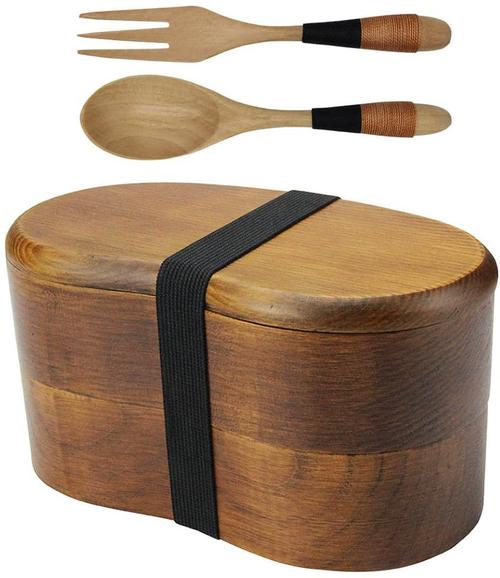 日本传统天然木制午餐容器成人儿童木制便当盒,带勺叉套件露营食品储